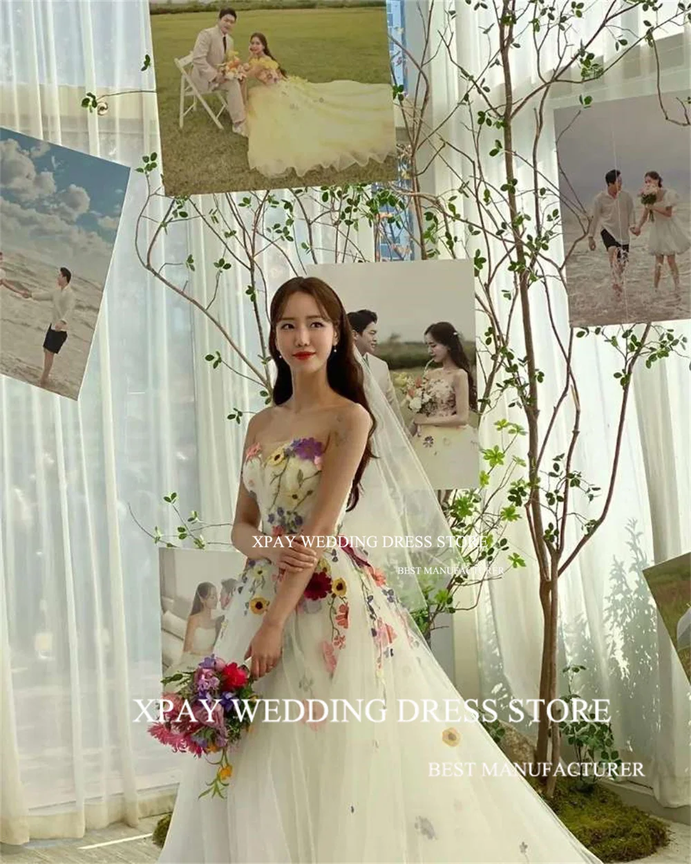 XPAY Strapless Korea Garden Wedding Dresses 3D Flowers Lace Appliques Sleeveless Bridal Gown Photos Shoot Open Back Bride Dress