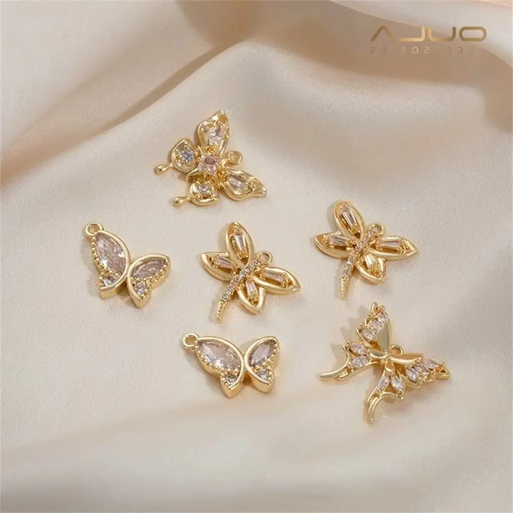 14K Gold-plated and Zircon Dragonfly and Butterfly Pendant, Diy Handcrafted Earrings, Bracelet, Necklace and Accessory Materials