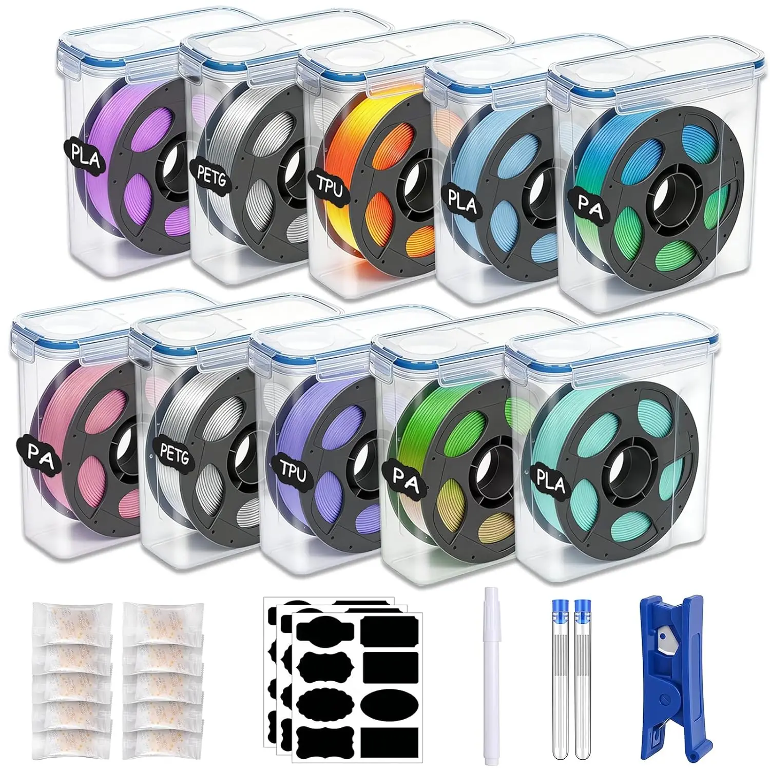 

10-Pack Filament Storage Boxes with Desiccants, Nozzle Cleaning Needles & Tube Cutter, Sealing for 1.75mm 3D Printer Filament