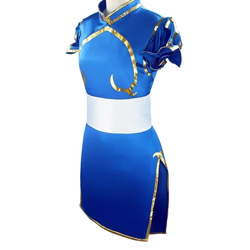 Juegos Chun Li disfraces de Cosplay fiesta de Halloween Sutorito Faita vestido Cheongsam azul cinturón tocado con peluca ropa para mujeres y niñas