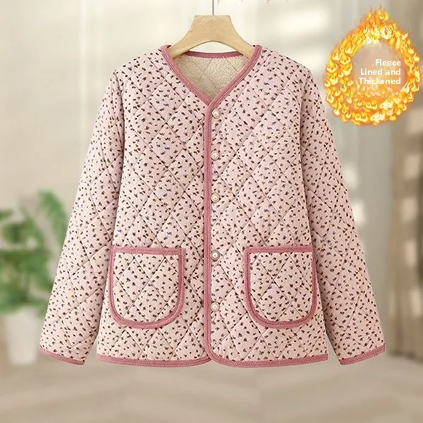 سترة قطنية زهرية جديدة لعام 2025، قصيرة ومبطنة، ملابس خريفية وشتوية للنساء في منتصف العمر، أسلوب عصري للأمهات مبطن بالصوف