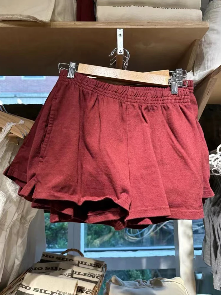 กางเกงสเวตเตอร์ขาสั้นตรงเอวสูงสำหรับผู้หญิงผ้าคอตตอนยืดทรงหลวมสไตล์สตรีทแวร์สีล้วนแบบลำลองสำหรับ Y2k