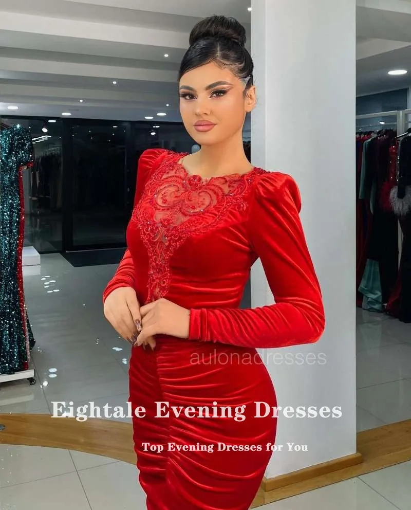 Eightale Vevet Evening Dresses O-Neck Appliques Mermaid Prom Gown Long Sleeves Dark Green Arabic Customized Party Dress