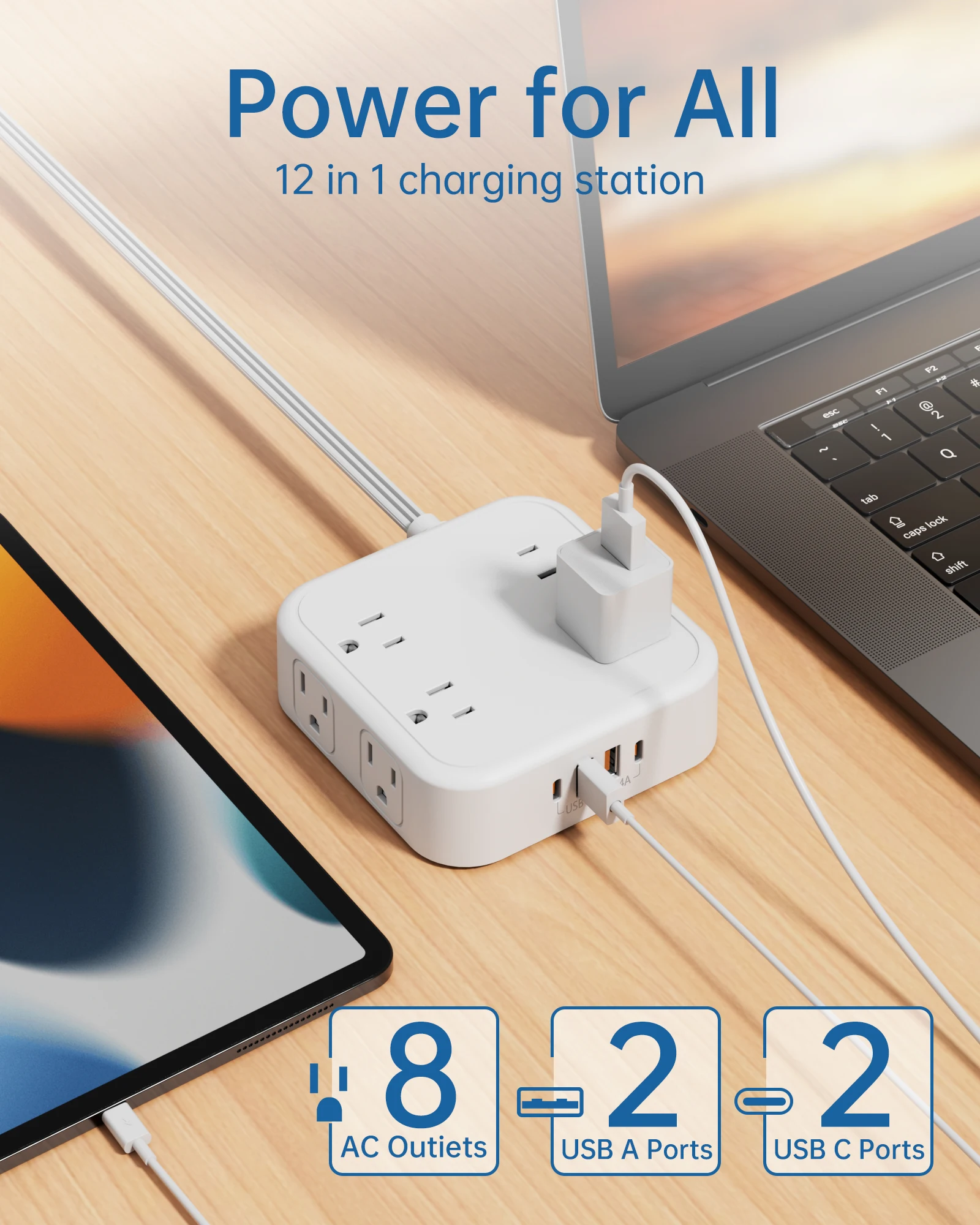 US Slim Flat Plug Extension Cord Power Strip Multi-Plug Wall Outlet with 8 Outlets 2 USB 2 Type-C Ports 5-Foot Surge Protector