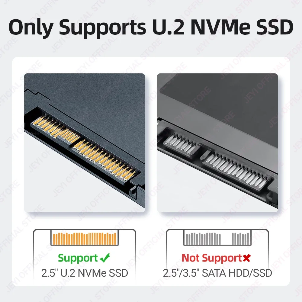 JEYI 10G U.2 NVMe SSD 도킹 스테이션 USB 3.2 10Gbps 인클로저 U.2(SFF-8639) 2.5" SSD 리더 최대 16TB(36W 전원 어댑터 포함)