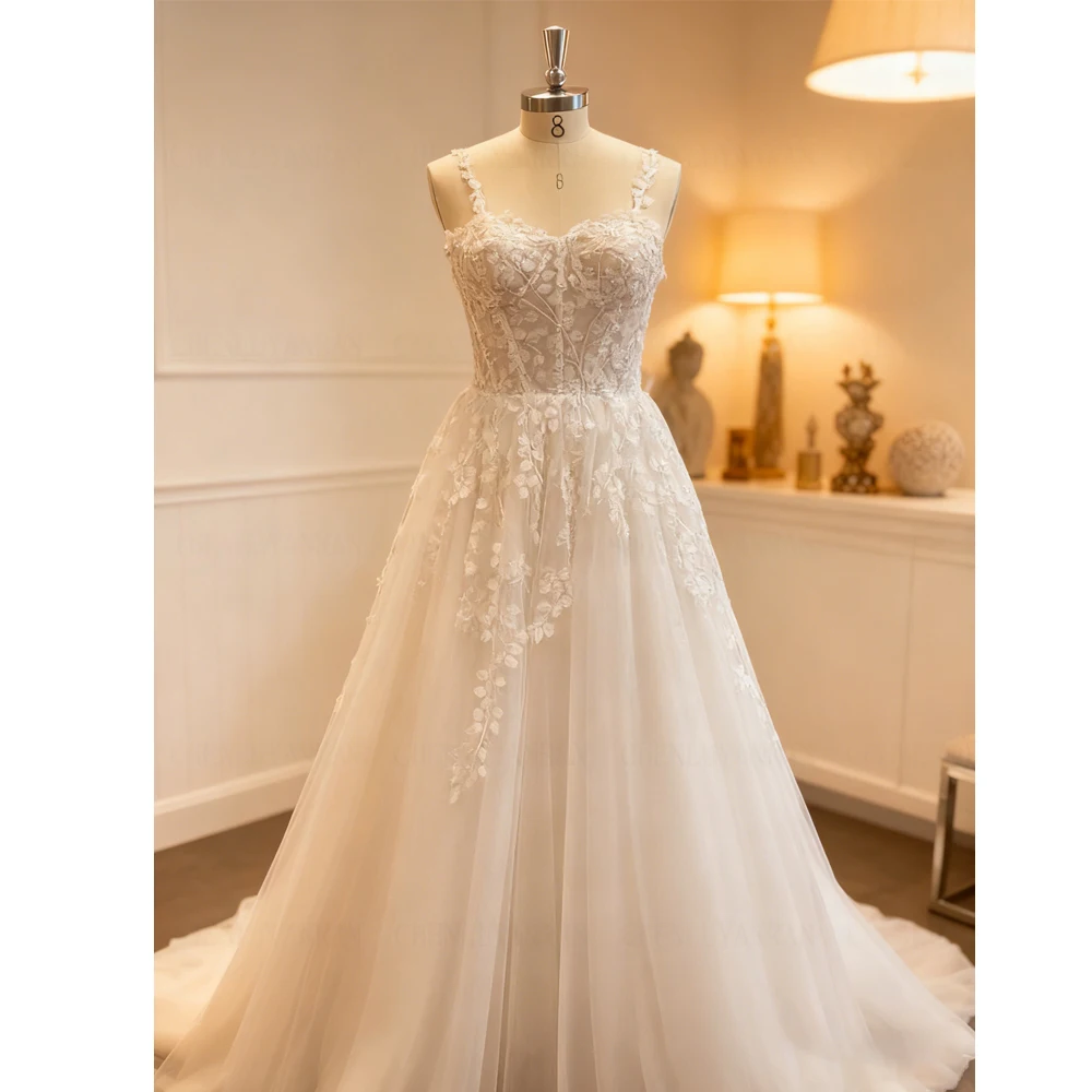 

High Quality Wedding Dress For Bride Tulle Spaghetti Straps Lace Up Bride Gowns Civil Applique A-Line Sweep Train Robe EBG98001