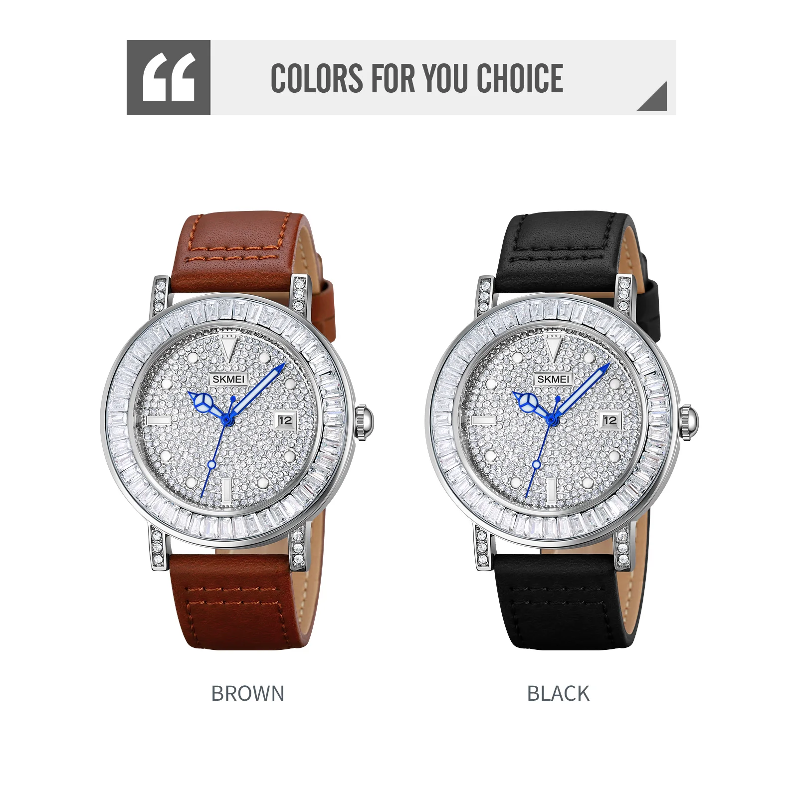 SKMEI Reloj Hombre グリッターダイヤル防水クォーツスポーツウォッチ男性用メンズカジュアル本革ストラップ腕時計日付時計