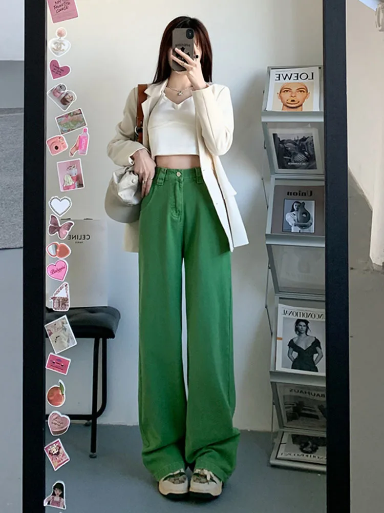 High Waist Wide Leg Green Pockets Zipper Casual Jeans New Loose Women Trousers Fashion Tide Spring Autumn 2023