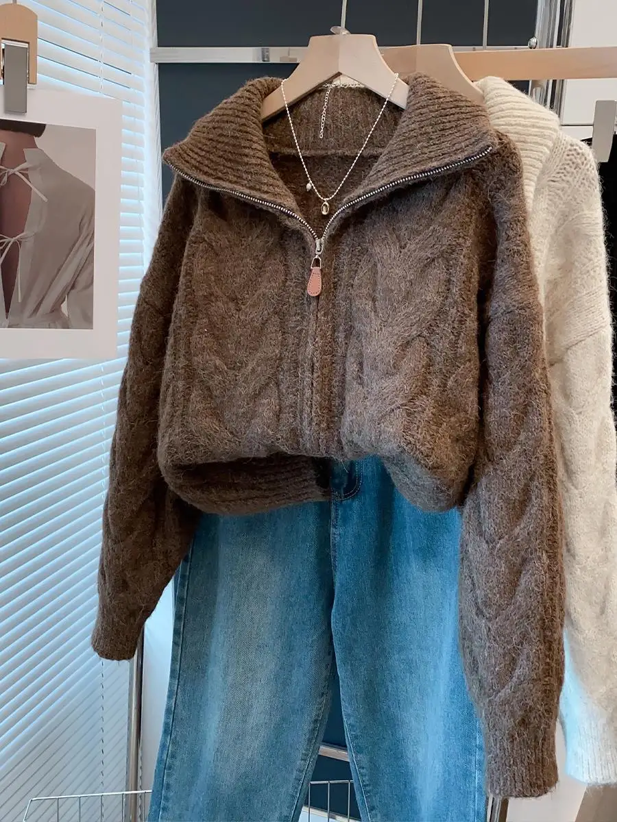 

Женский вязаный свитер на молнии с высоким воротником, свободного кроя, осенне-зимний, новый, повседневный, толстый, базовый, открытый кардиган