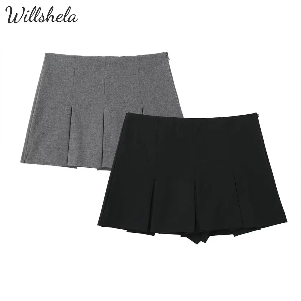 Willshela Women Fashion Plain Wide Pleated Mini Skort High Waist Side Zipper Female Chic Lady Causal Basic Skirt Shorts Culottes