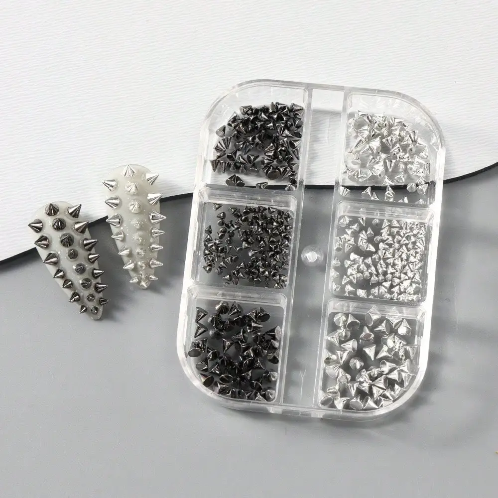 6 Grids Metal Nail Studs Black Silver Spike Rivets 3D Nail Art Charms DIY Manicure Decor for Nails view 2
