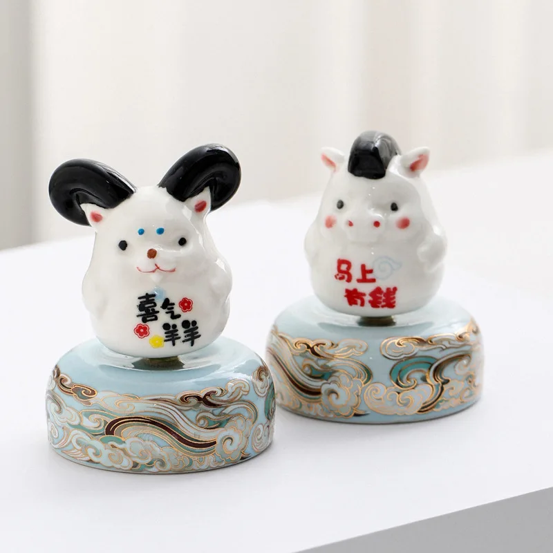 Kawaii 12 Zodiac Animals Ceramic Bobble Head Ornament, Traditional Cloud Pattern Base, Table Decoration & Housewarming Gift