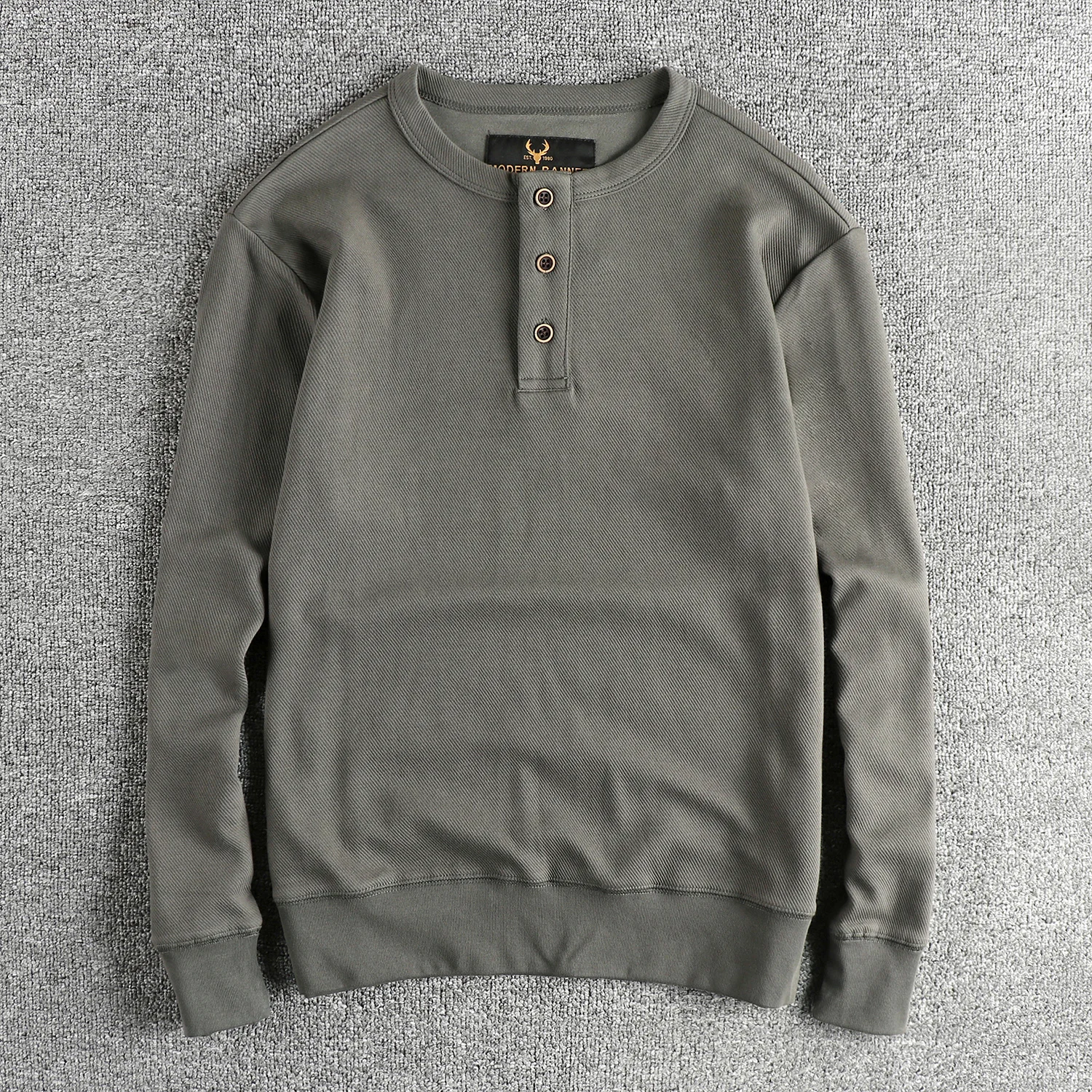 2024 Autumn New American Retro 350g Long Sleeve Henry Collar Thick Knitted T-shirt Men's Simple Washed Casual Tough Guy Tops