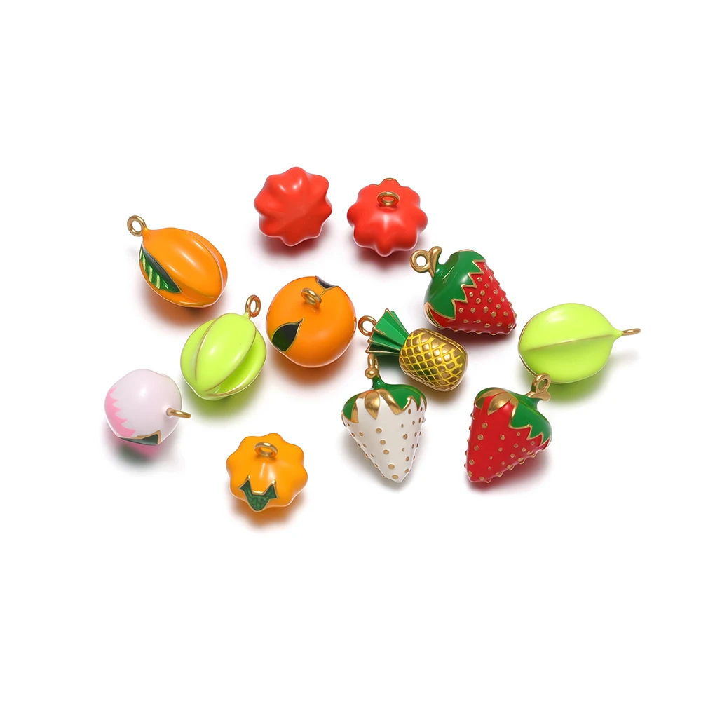 5 uds. De dijes de calabaza, fresa y melocotón de acero inoxidable, colgantes de serie de frutas para collares DIY, joyería, pendientes, componentes para hacer