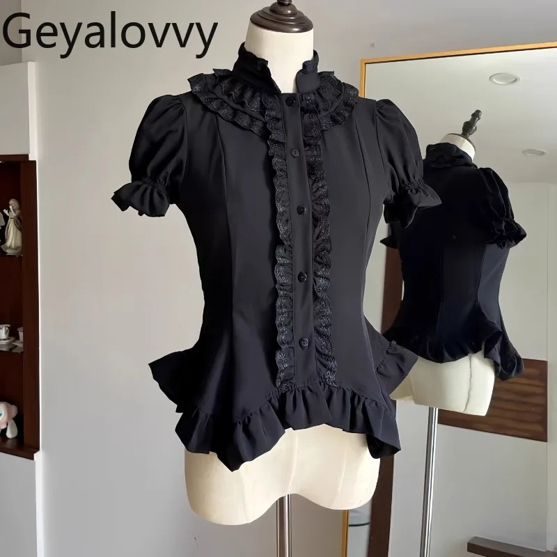 Summer Classical Slimming Skinny Gothic Lolita Inner Shirt Lolita Sweet Versatile Stand-Up Collar Sleeve Solid Color Tops