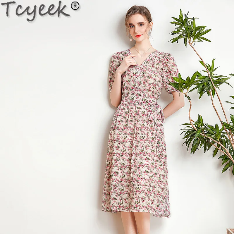 Tcyeek 100% Mulberry Real Silk Dresses Summer Women's Dress Elegant Dresses for Women 2024 Print Long Dress Vestidos De Mujer