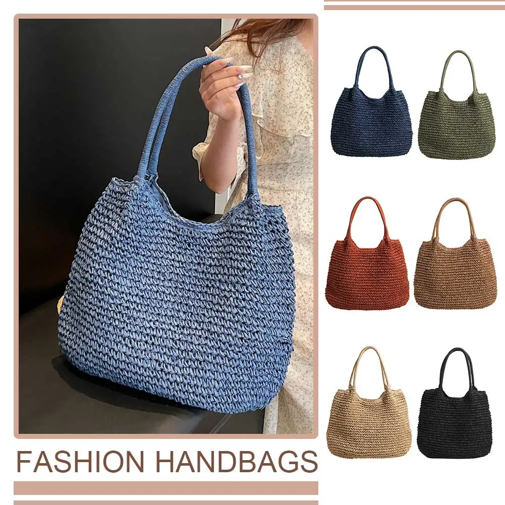 

Women Vintage Shoulder Bag Large Capacity Crochet Beach Handbag Solid Color Retro Straw Handbag Ladies Summer Daily Bag