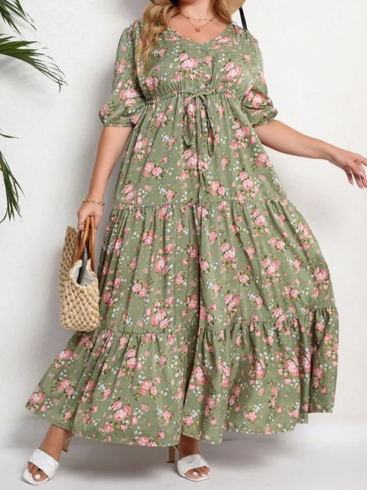 Plus Size Summer Flower Floral Print V-Neck Dress Women Ruffle Pleated Modis Split Ladies Dresses Loose Casual Woman Long Dress