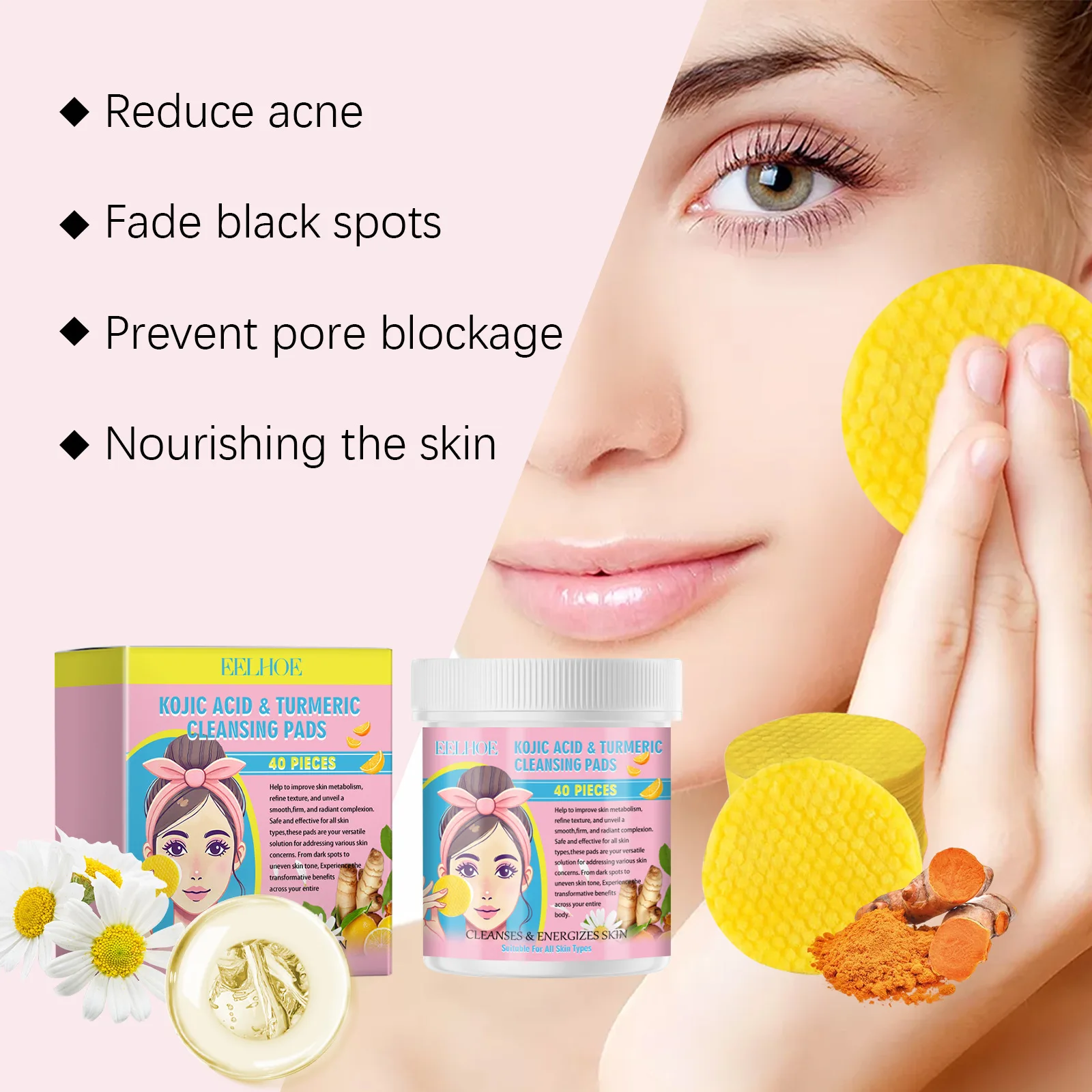 EELHOE Turmeric Kojic Acid Facial Cleansing Pads Cleaning Remover Pores Dirt Moisturizer Face Exfoliating Daily Clean Skin Care