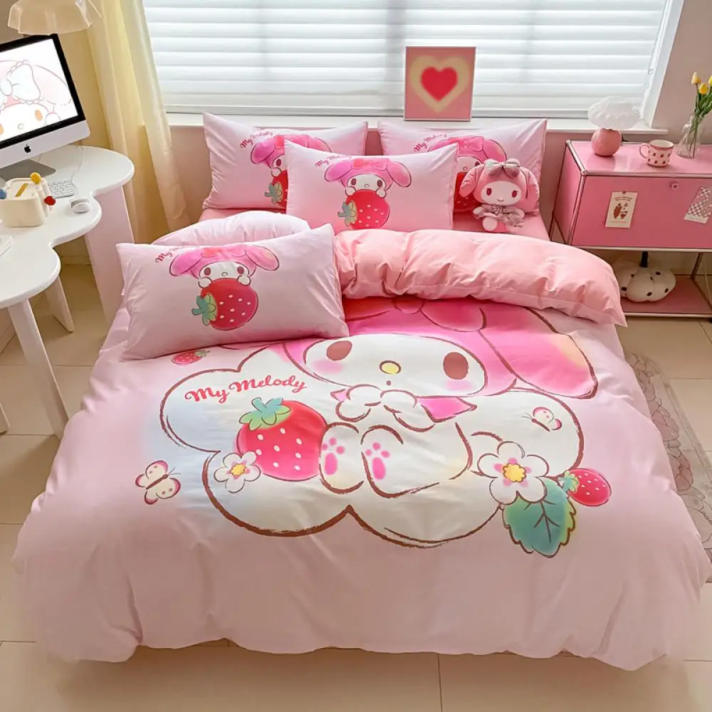 

Kawaii Hello Kitty Cinnamoroll Bed Supplies Bedroom Sanriocartoon Dormitory Sheet Quilt Cover Pillow Case Soft Comfortable Kids