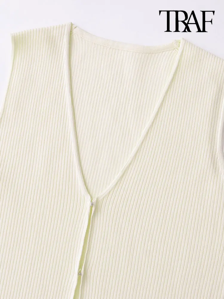 TRAF-Women\'s Front Hook Knit Vest, V Neck Sweater, Sleeveless, Female Waistcoat, Chic Tops, Fashion