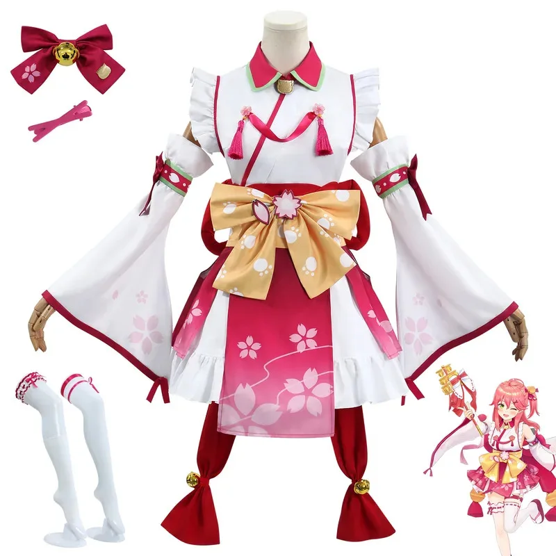 

In Stock Sakura Miko Cosplay Costume Maid Dress Kimono Haori Yukata Hololive Holo Vtuber Full Set Wig Halloween Xmas