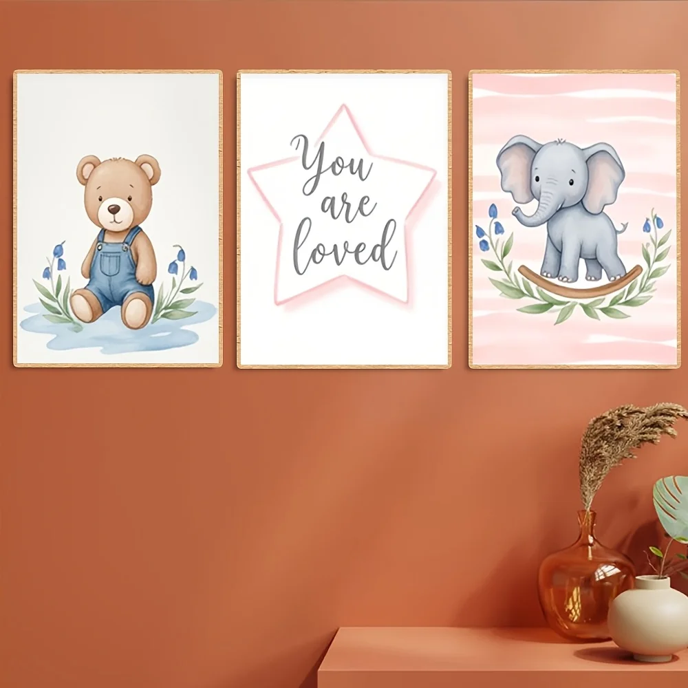2D Flat, 2D Flat, 2D Flat 3pcs Unframed Watercolor Style Nursery Art Print with Teddy Bear And Elephant Characters Soft Paste
