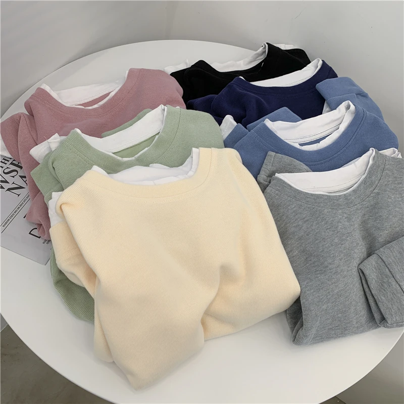 CALYMIX Bean Green Fleece Fake Two Piece Sweatshirt Thin Round Neck Pullover Hoodie For Women's Autumn Loose Casual Layered Top