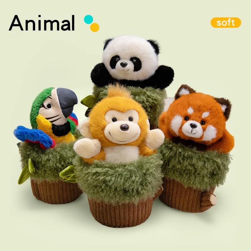 30 cm Cartoon Kawaii Animale Burattino a mano Ceppo combinato con procione Pappagallo Panda Scimmia Peluche Decorazioni per la casa Regalo per i bambini