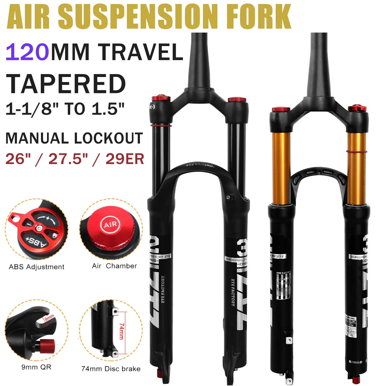 

MTB Air Suspension Fork 26/27.5/29 Inch Tapered 1-1/8 to 1.5 Inch Front Fork 120mm Travel 9mm*100mm QR Manual Lockout Ultralight Fork for XC AM Mountain Bike