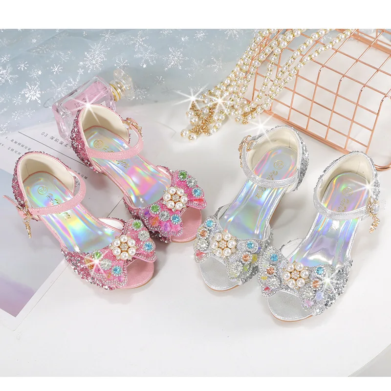 Summer Girls' Sandals Colored Diamond Princess Shoes 2024 New Children's High Heels Kids Bowknot Students Perform Dance Shoes