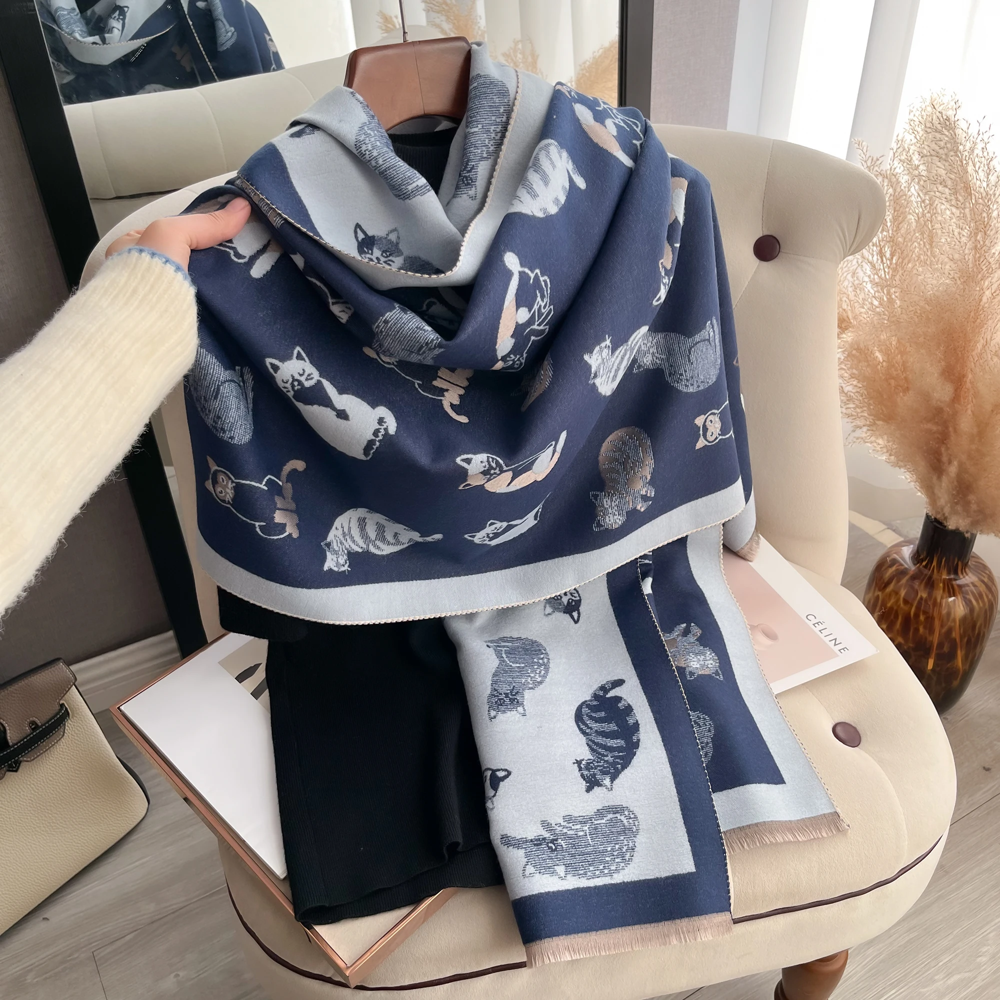 Latest Animal Jacquard Kitty Scarf Imitation Cashmere Soft Warm Fringe Shawl Autumn Winter Coldproof Windproof Blanket Scarf