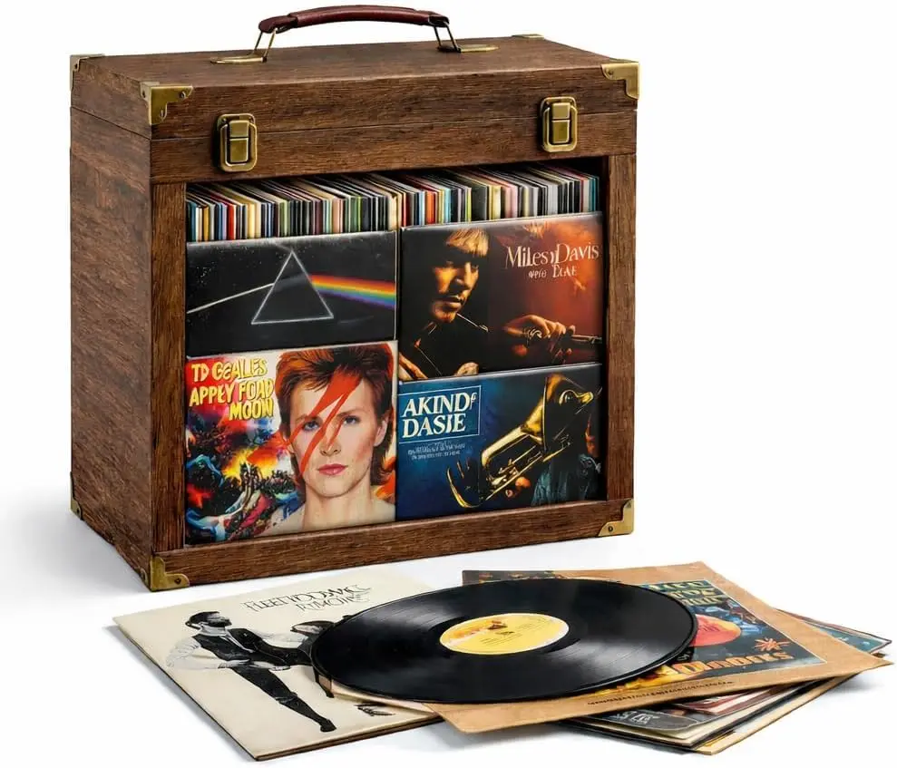 

Vinyl Record Storage Box with Acrylic Display Window, Wooden Vinyl Record Box Holds Up to 35 LP