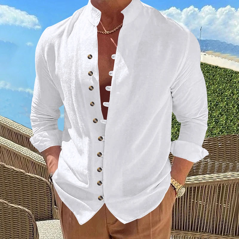 New Spring Autumn Casual Shirt Loose Men's Solid Color Long Sleeve Shirt Button Shirts Vintage Beach Vacation Style