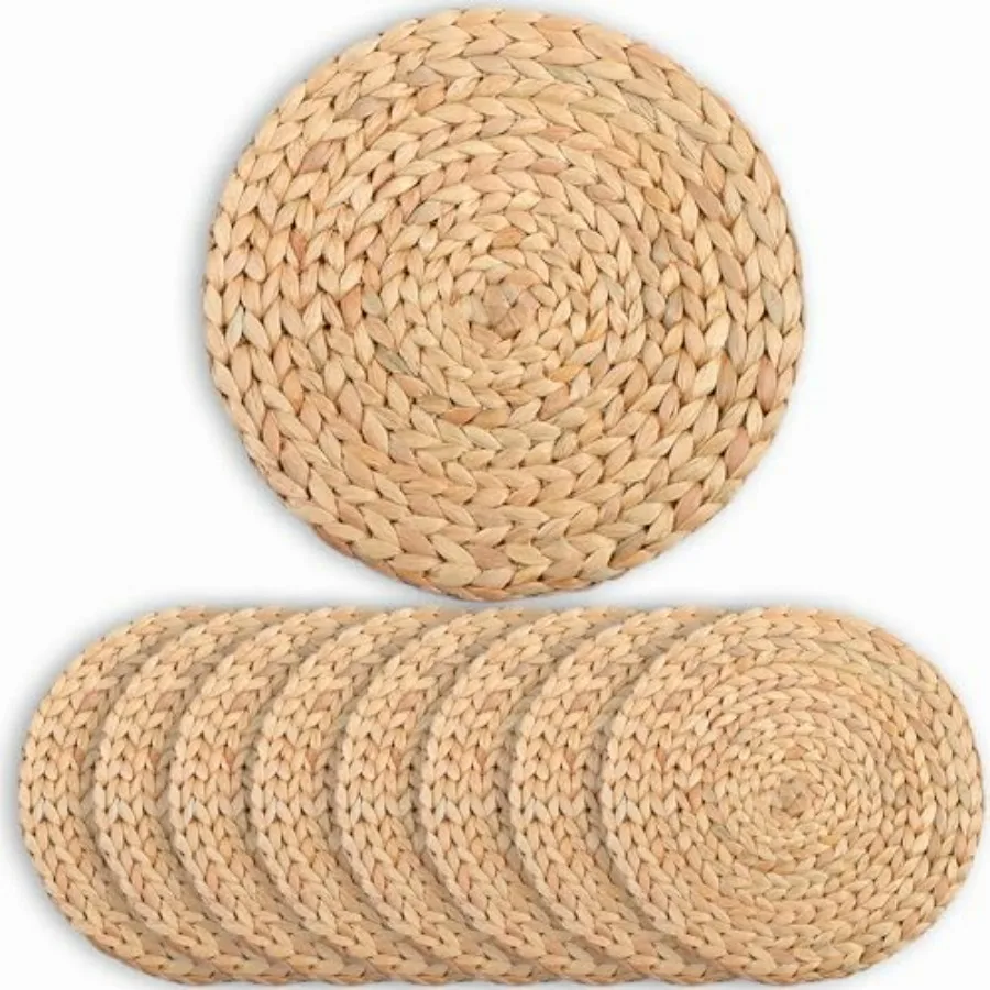 

Set of 8 Heat Resistant Round Woven Placemats for Dining Tables Boho Farmhouse Style Wicker Chargers 13.4 in Diameter Natural C