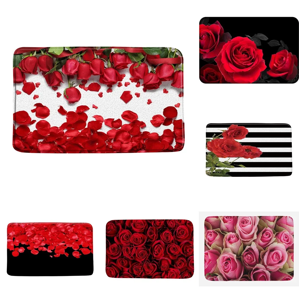 Red Rose Bath Mats Anti-Slip Wine Floral Foot Pad Valentine\'s Day Bedroom Doormat Kitchen Pastoral Flower Carpet Floor Rug Home