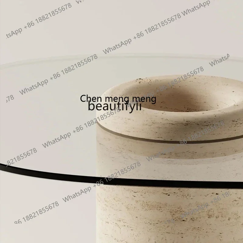 CC182Natural mesa de centro creativa de forma especial para sala de estar de vidrio con borde de travertino mesa de centro pequeña medieval R