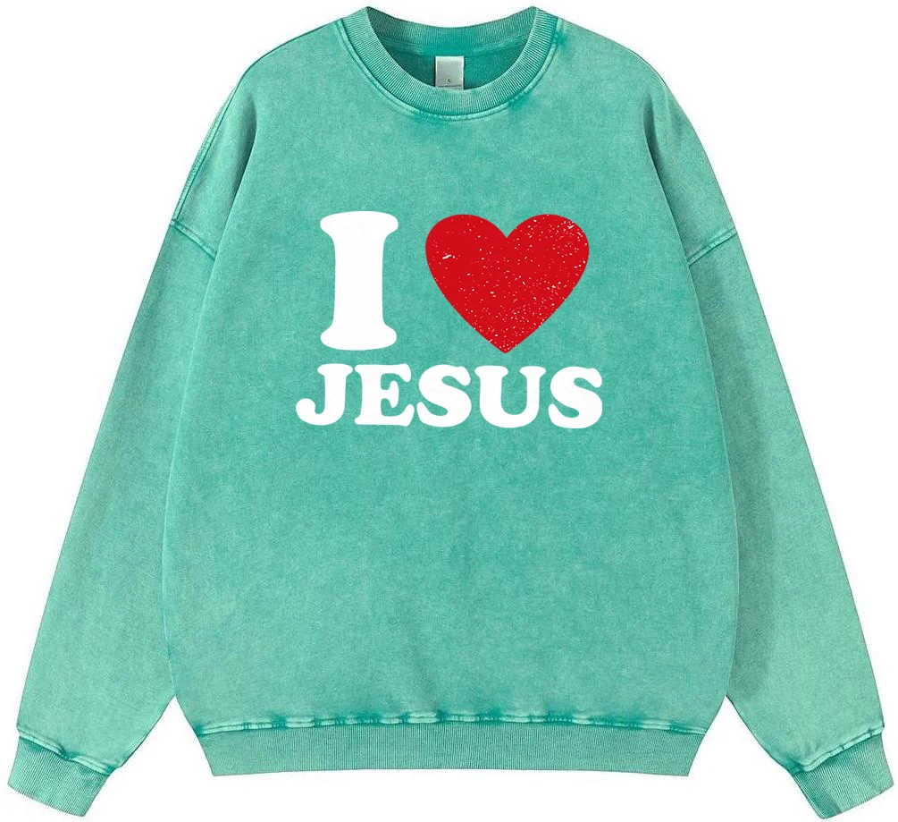 I Love Jesus Printing  Men'S Vintage Washed Cotton Sweatshirt Autumn Crewneck Pullover Hoodie Fashion Casual Soft