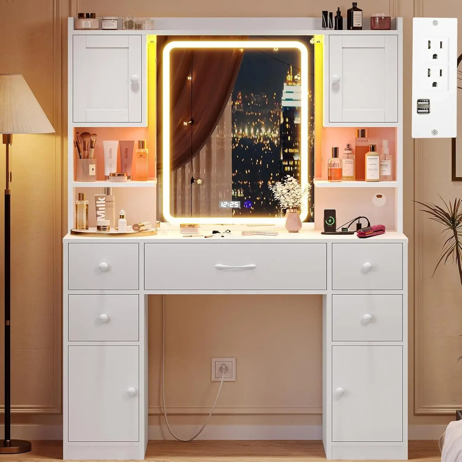 Vanity Desk with Mirror and Lights Large Makeup Vanity with Lights & Charging Station Dressing Table with 5 Drawers 4 Cabinets