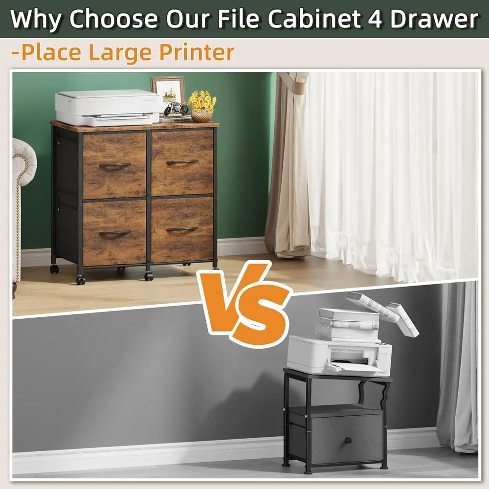 خزانة ملفات بنية ريفية محمولة مع حامل طابعة، مثالية لتخزين المنزل والمكاتب الصغيرة، تحمل حجم الرسالة/A4