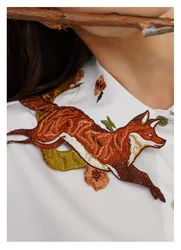 97-105cm Bust Spring Autumn Original Design Women Vintage All-match Fox Embroidered Collar Shirts/Blouses