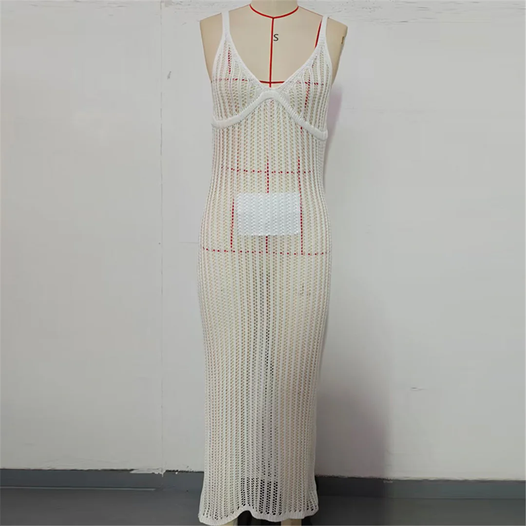 V-Ausschnitt, rückenfreies, ausgehöhltes, gehäkeltes, gestricktes Tunika-Strandkleid, Strandmode, Strandbekleidung, Strand-Cover-up, Damen, V7628 – Detail 14