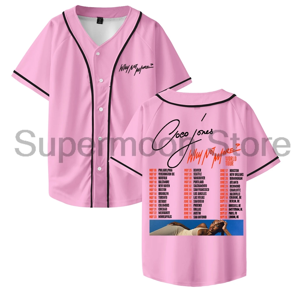 كوكو جونز لماذا لا مزيد جولة حول العالم 2025 البيسبول جيرسي الخامس الرقبة قصيرة الأكمام زر متابعة القمصان الرجال النساء ملابس الشارع الشهير