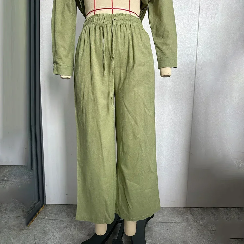 Женская удобная однотонная рубашка и свободные широкие брюки, костюм из 2 предметов, винтажный комплект