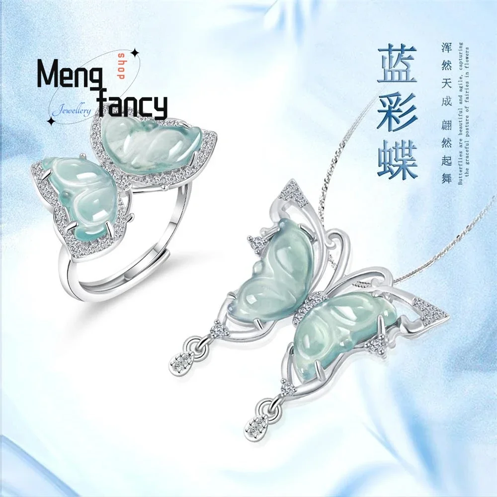 

S925 Silver Inlaid Genuine Natural A-goods Jadeite Blue Water Butterfly Ice Jade Pendant Ring Exquisite Elegant Fashion Jewelry