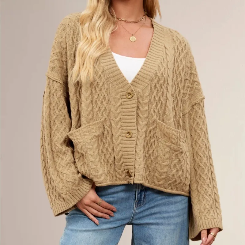 

2025 Winter New Women's Knitted Cardigan Knit Sweaters Loose Fit & Solid Color Warm Outerwear for Daily Sweater Tops