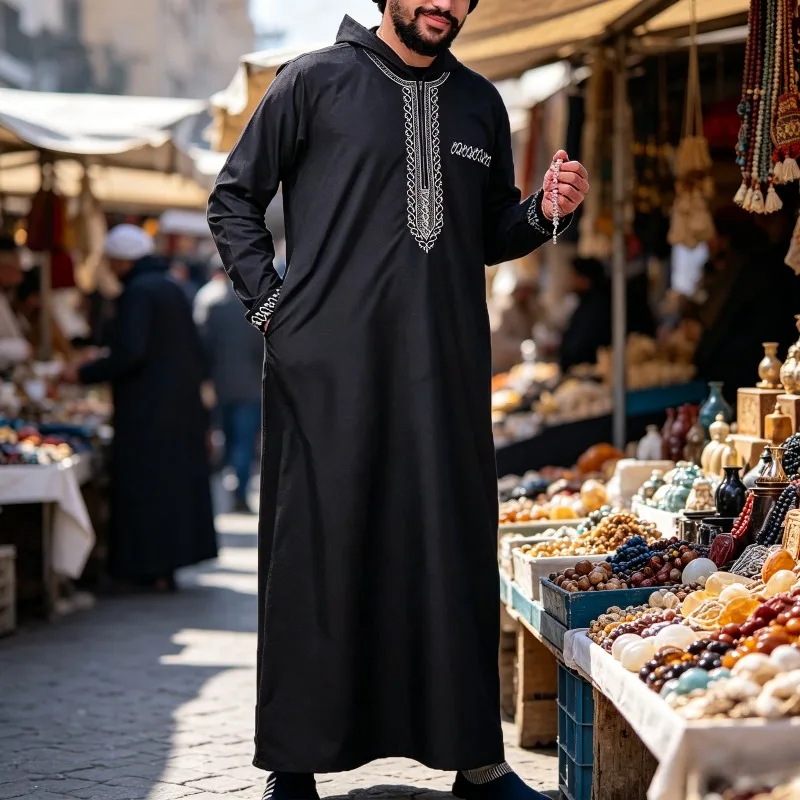 2026 Islamic Muslim Arab Men's Robe Long Sleeve Embroidered Standing Collar Arab Robe Ethnic Costume
