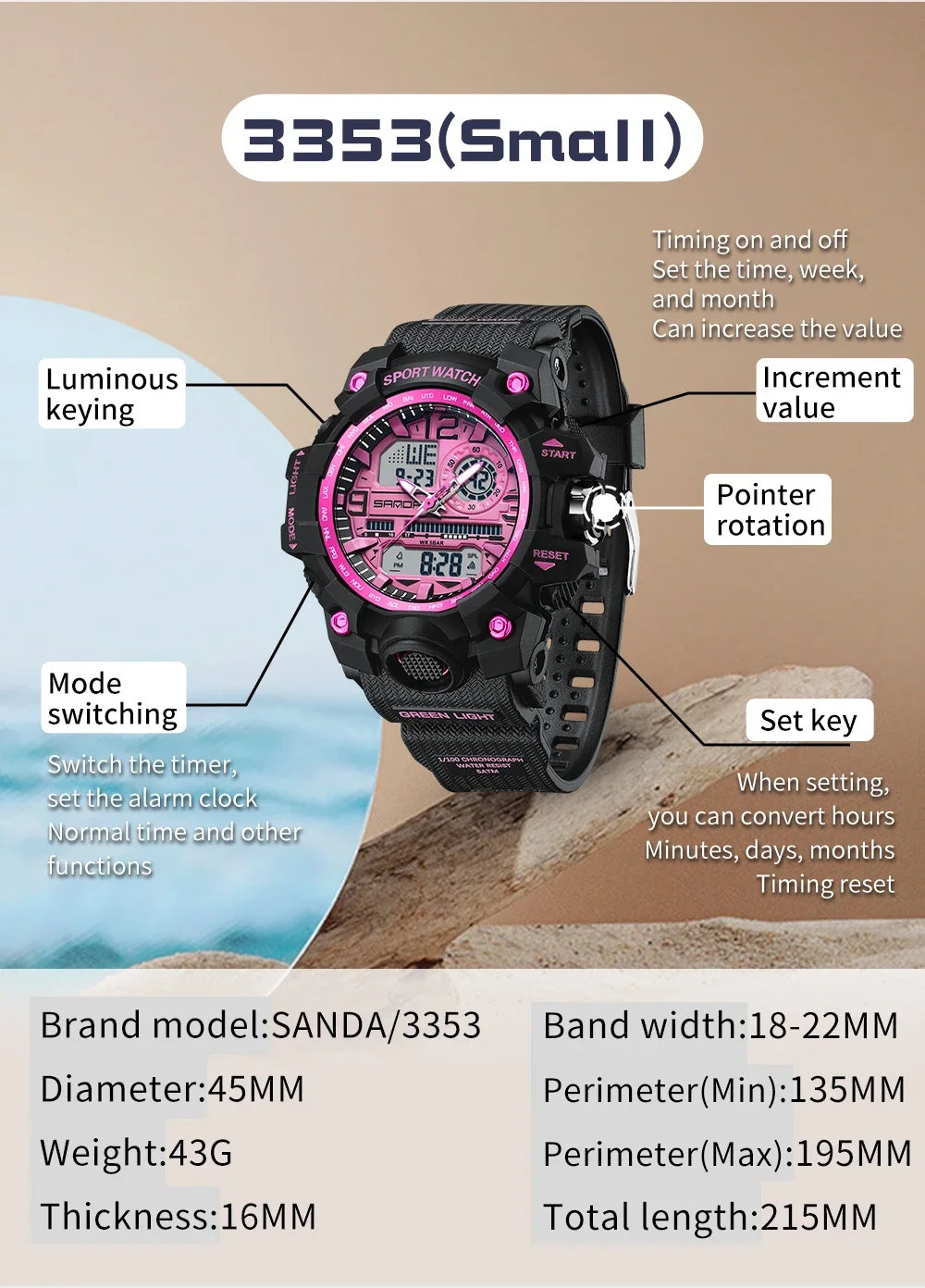 Sanda 2024 Female Youth Electronic Watch Multi functional Trendy Cool Women's Watch Night Glow Waterproof Women's Watch 3353