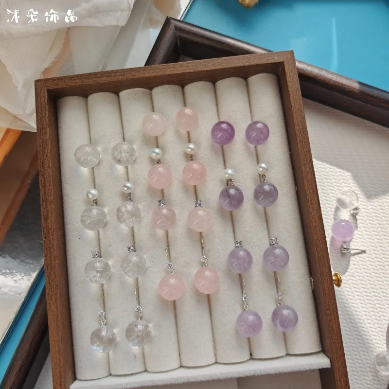 

New Natural Amethyst Stone Rose Quartz Stone Clear Stone 925 Sterling Silver High End Daily Style Stud Earrings Valentines Day