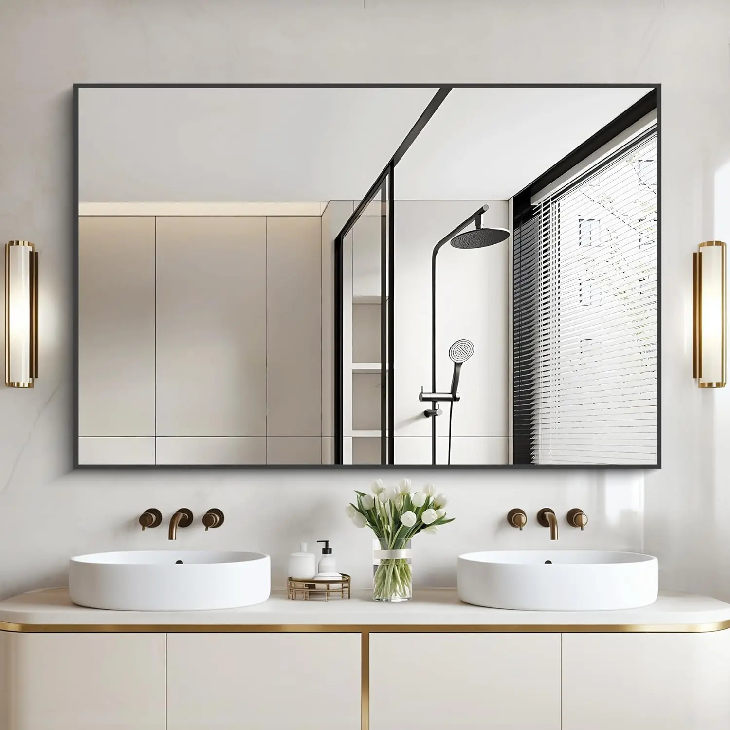 Bathroom Mirror, Black Rectangle Mirror with Thin Metal Frame, Large Rectangular Wall Mirror